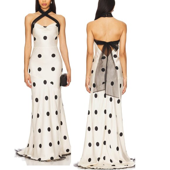 NEW FOR LOVE AND LEMONS DOROTHY DOT GOWN DRESS IN CREAM & BLACK SIZE S